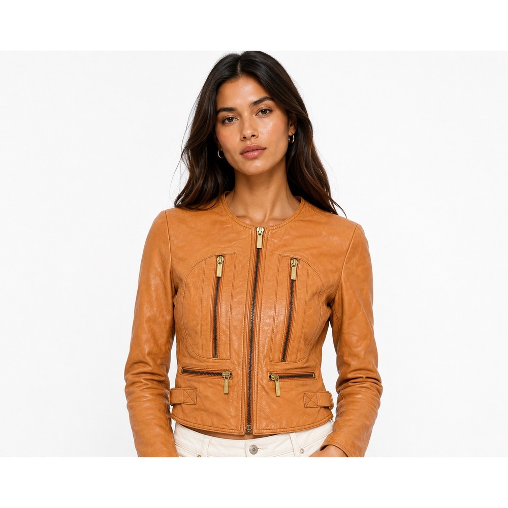 MICHAEL KORS Orange Leather Moto Jacket Cropped Gold Zip Women's XS
